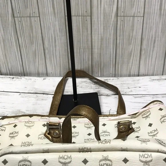 MCM Tote Bag White Logo Visetos Canvas Leather Trim Shoulder Bag - Picture 13 of 16